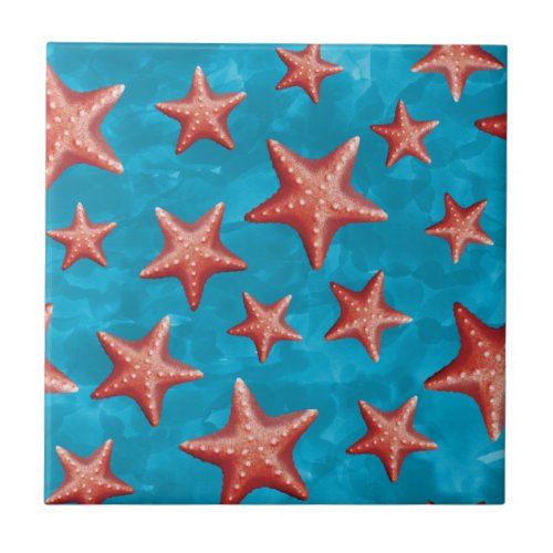 Red Starfish Summer Beach Nautical Coastal Ceramic Tile