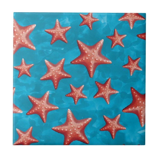 Red Starfish Summer Beach Nautical Coastal Ceramic Tile (Front)