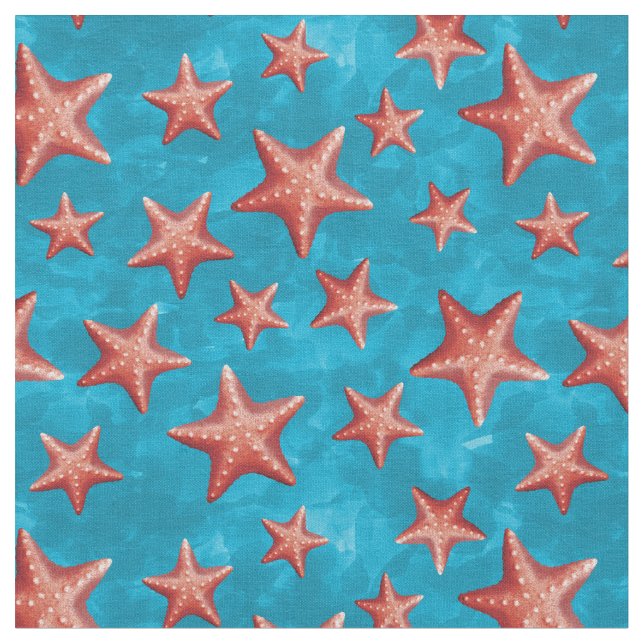 Red Starfish Summer Beach Nautical Coastal Fabric (Close Up)