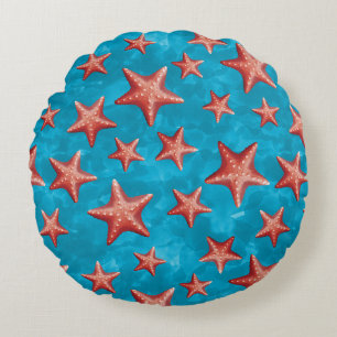 Red Starfish Summer Beach Nautical Coastal Round Pillow