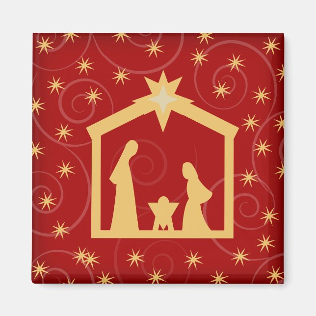 Red Starry Night Christmas Nativity Magnet (Front)