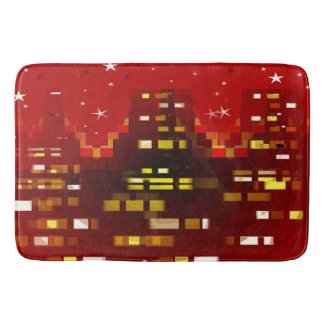 Red Starry Night Modern City Skyline Abstract Art Bath Mat