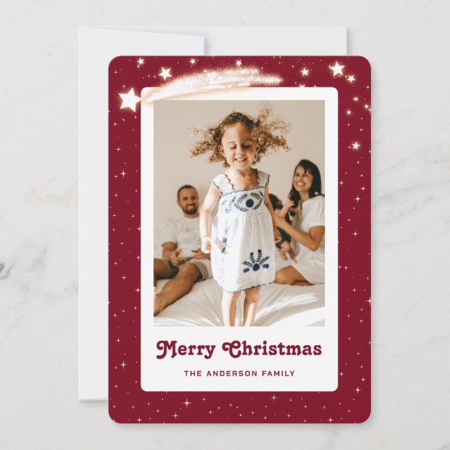 Red Starry Photo Merry Christmas Card (Front)