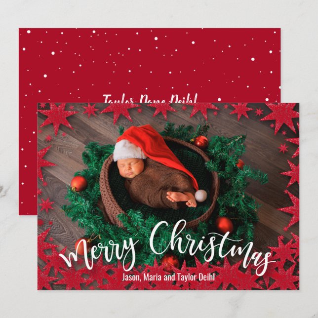 Red Stars Christmas Birth Announcements (Front/Back)