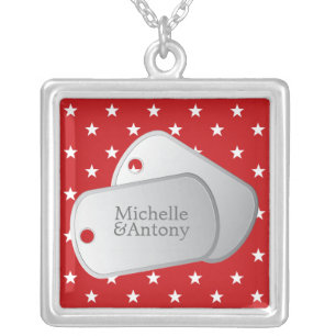 Red Stars Customizable Dog Tags Silver Plated Necklace