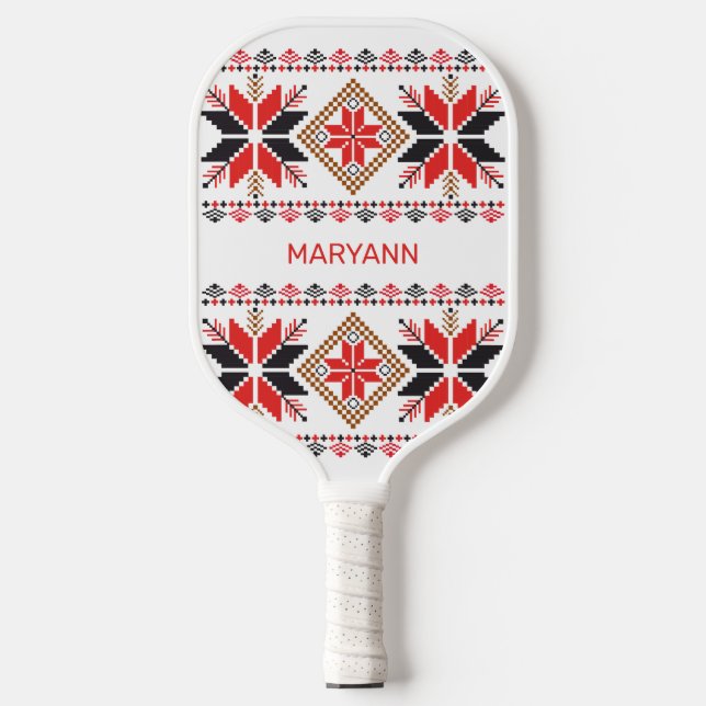 Red Stars Diamond Cross Stitch Name & Initials Pickleball Paddle (Front)