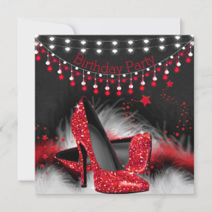 Red Stars High Heels Birthday Chalkboard Lights Invitation