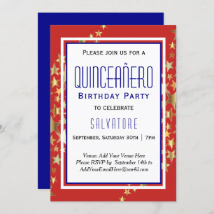 Red Stars Quinceañero 15th Birthday BOY  Invitation