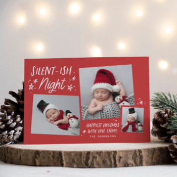 Red Stars Silent-ish Night 3 Photo Collage Baby Holiday Card by NBpaperco at Zazzle