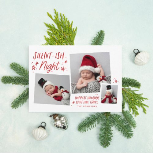 Red Stars Silent_ish Night 3 Photo Collage Baby Holiday Card
