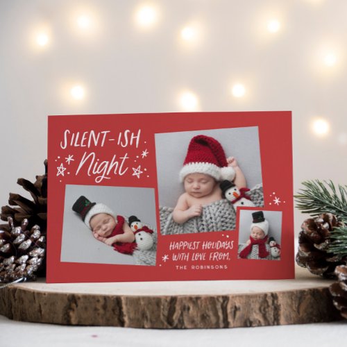 Red Stars Silent_ish Night 3 Photo Collage Baby Holiday Card