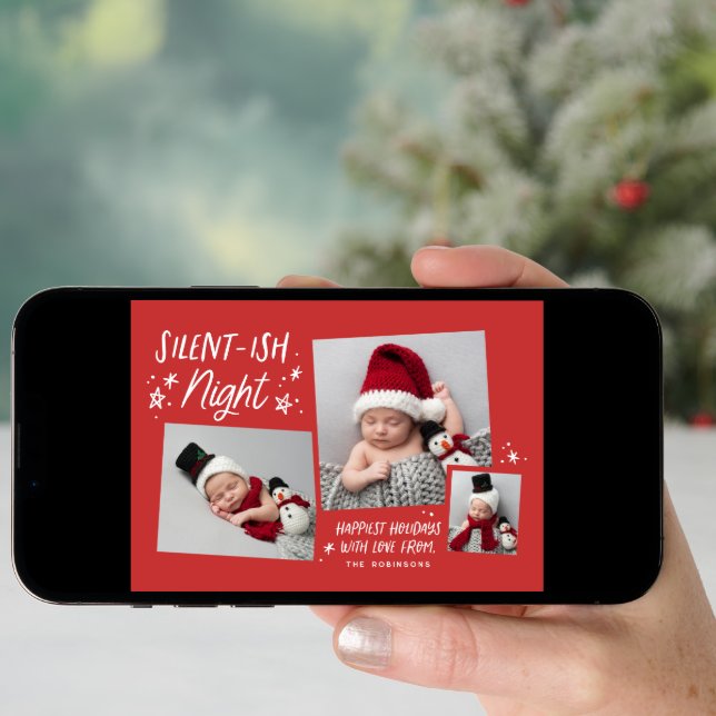 Red Stars Silent-ish Night 3 Photo Collage Baby Holiday Card (Front Digital)