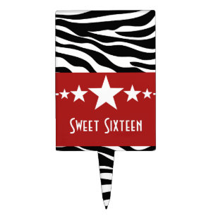 Red Stars Zebra Print Sweet 16 Cake Pick