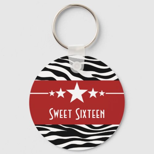 Red Stars Zebra Print Sweet 16 Keychain