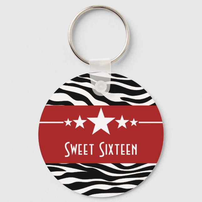 Red Stars Zebra Print Sweet 16 Keychain (Front)
