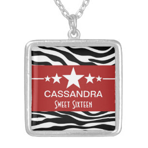 Red Stars Zebra Print Sweet 16 Necklace