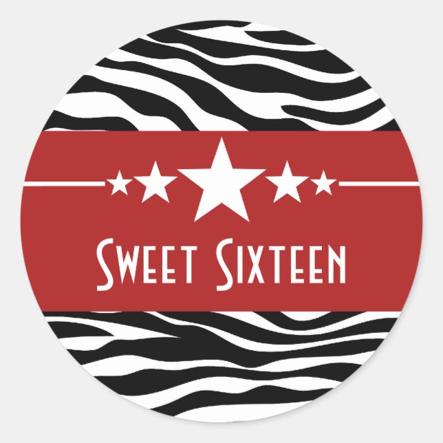 Red Stars Zebra Print Sweet 16 Stickers (Front)