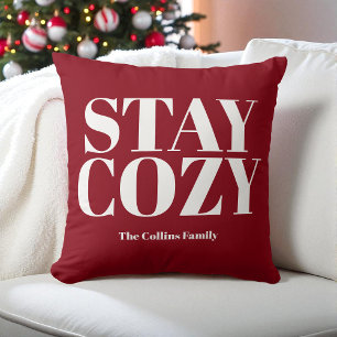 Red Stay Cozy Festive Typography White Family Name Throw Pillow