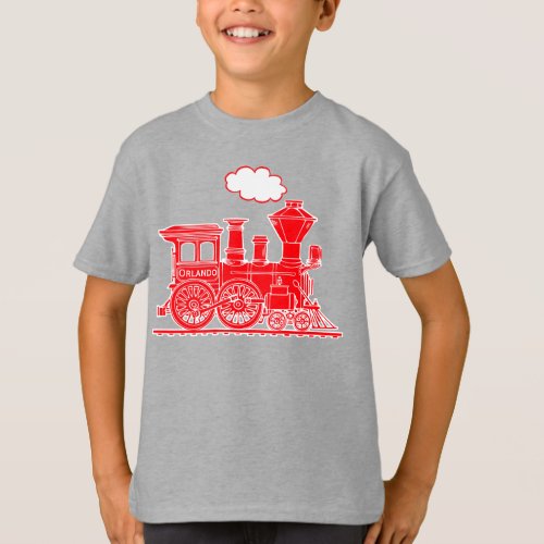 Red steam loco train custom name kids t_shirt