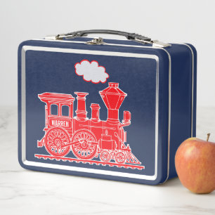 Red steam loco train kids name lunch box