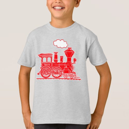 Red steam loco train your name kids t_shirt
