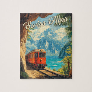 Red Steam Locomotive Souvenir: Vintage Swiss Alps Jigsaw Puzzle