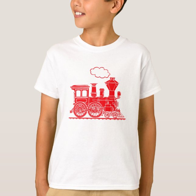 Red steam locomotive train on light t-shirt (Front)