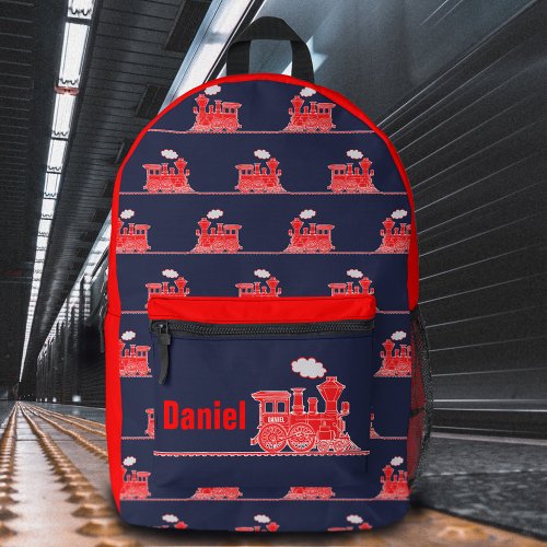Red steam train kids named  printed backpack