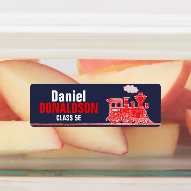 Red steam train kids named school class kids' labels (Affixed)