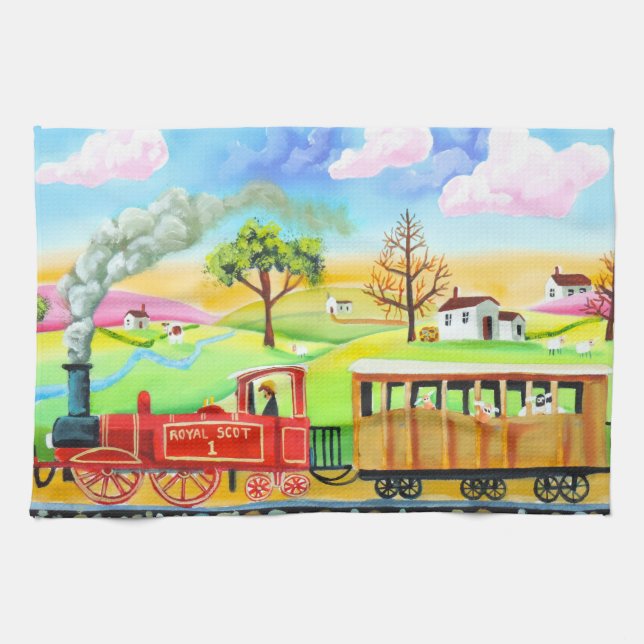 Red steam train naive folk art painting kitchen towel (Horizontal)