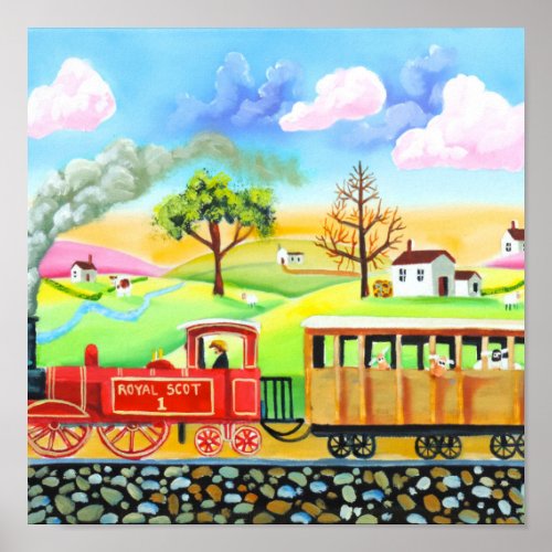 Red steam train naive folk art painting poster