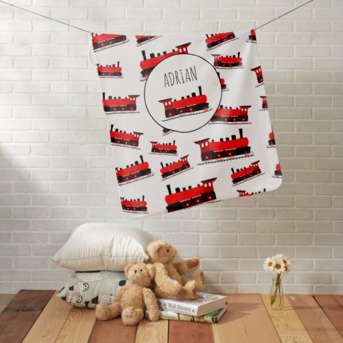 Red Steam Train Pattern Customized Name Baby Blanket