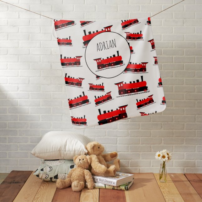 Red Steam Train Pattern Customized Name Baby Blanket (In Situ)