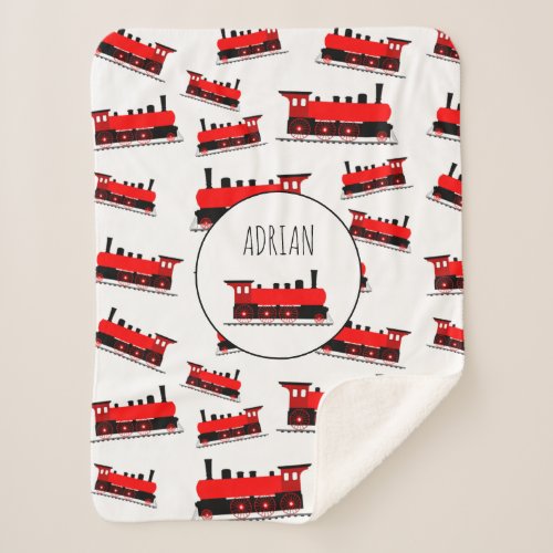 Red Steam Train Pattern Customized Name Sherpa Blanket