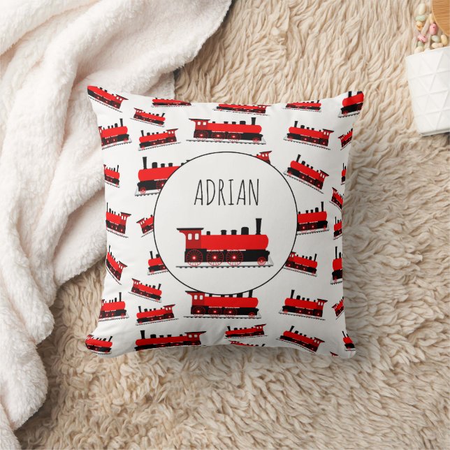Red Steam Train Pattern Customized Name Throw Pillow (Blanket)