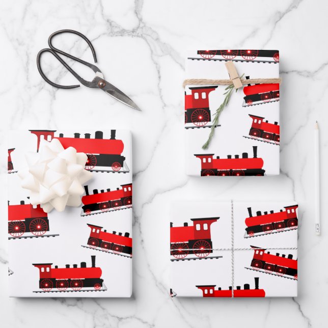 Red Steam Train Pattern Wrapping Paper Sheets (Front)