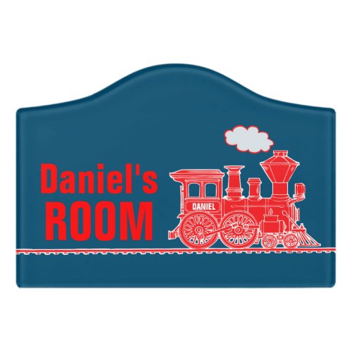 Red steam train puffing boys custom name door sign