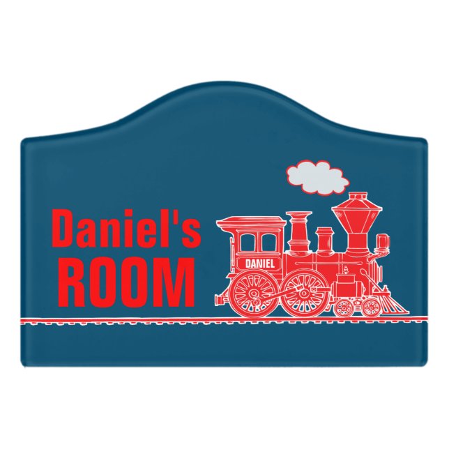 Red steam train puffing boys custom name door sign (Small Crest Front)