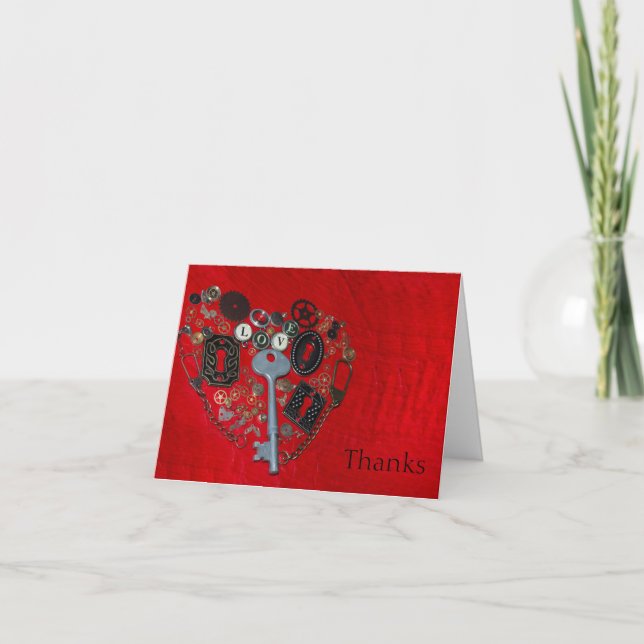 Red Steampunk Heart Wedding Thank You Cards (Front)
