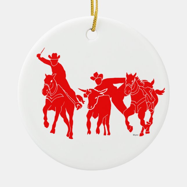 Red Steer Wrestler Ceramic Ornament (Front)