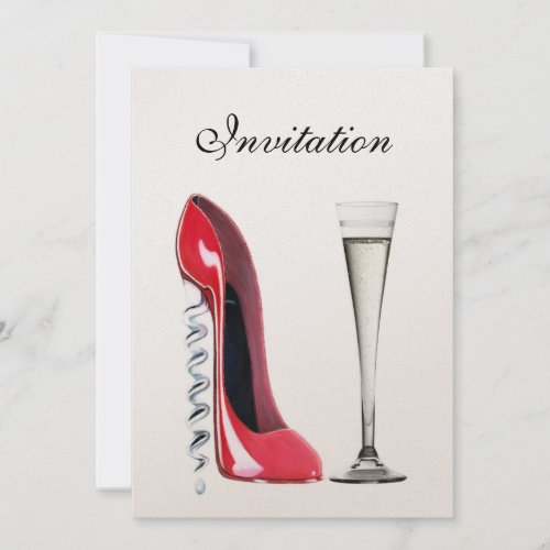 Red Stiletto Corkscrew Heel and Champagne Flute  I Invitation