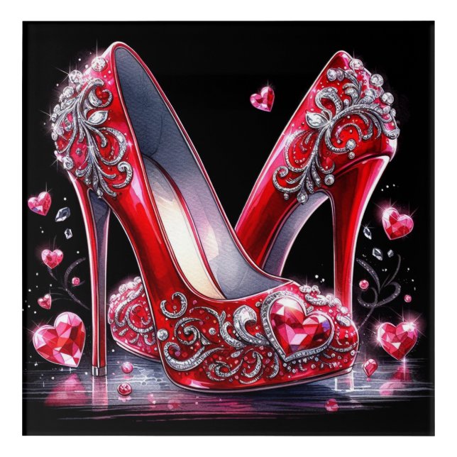 Red Stiletto High Heels with Heart Shaped Diamonds Acrylic Print (Front)