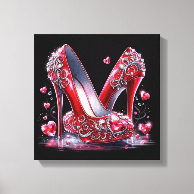 Red Stiletto High Heels with Heart Shaped Diamonds Canvas Print (Front)