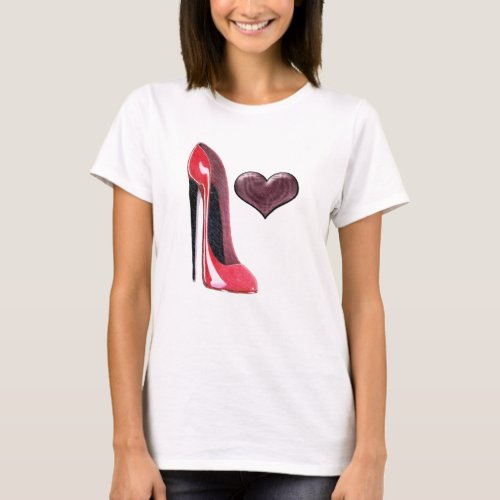 Red Stiletto Shoe and 3D Heart Design T_Shirt