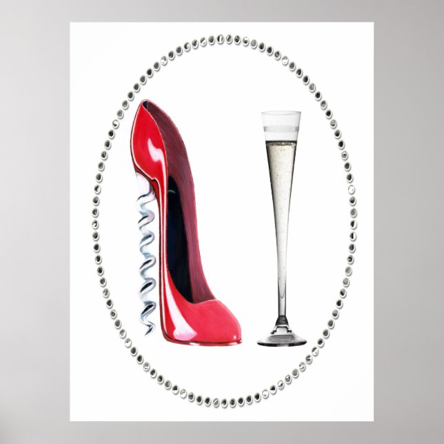 Red Stiletto Shoe and Champagne Flute Poster (Front)