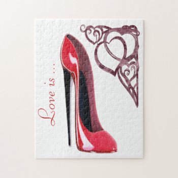 Red Stiletto Shoe Art And Heart Swirls Jigsaw Puzzle by shoe_art at Zazzle