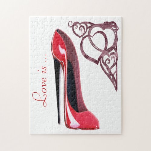 Red Stiletto Shoe Art and Heart Swirls Jigsaw Puzzle