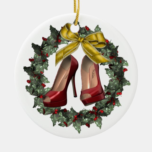 Red Stiletto Shoe Wreath Custom Christmas Ornament (Front)