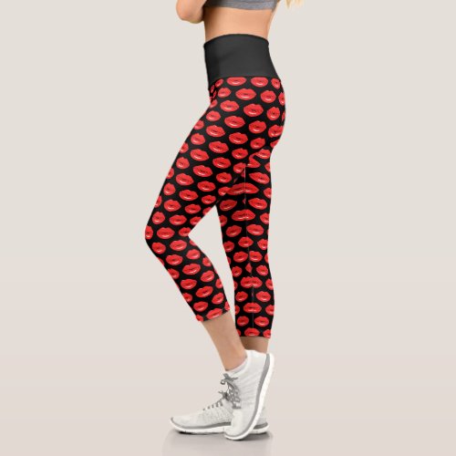Red Stitched Lips Edgy Pattern Capri Leggings