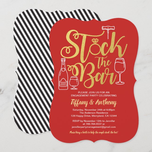 Red Stock the bar invitation engagement party gold (Front/Back)